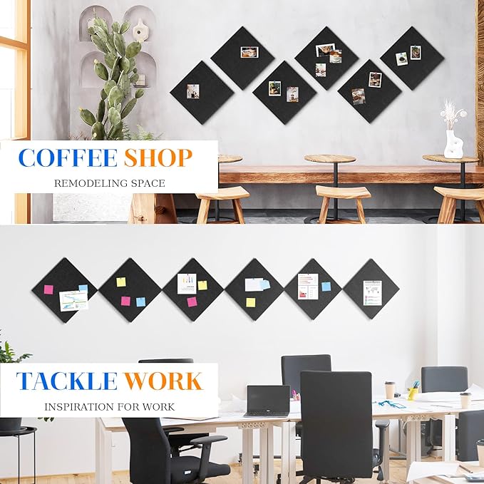 DOLLAR BOSS Felt Cork Board Tiles, 6 Packs 12" x 12" 1/2" Thick Cork Bulletin Board Self Adhesive Acoustic Panels Soundproof Corkboards for Walls with 60 Pushpins for Home Office Kitchen School, Black