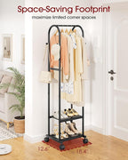 Heavy Duty Premium Clothes Rack with 2-Tier Mesh Shoe Shelves & 4 Hooks, Lockable Wheels, Space-Saving, Multi-Functional for Bedroom, Entryway, Closet, Modern Design, 18.4" x 12.6" x 72", Black
