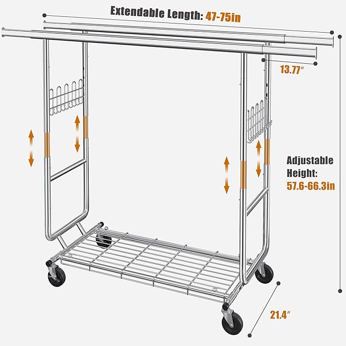 Heavy Duty Clothes Rack Load 900 Lbs, Double Rod Rolling Clothing Rack With Sturdy Wheel And Shelves，Adjustable Portable Hanging Rack For Clothes,Silver Stainless Steel