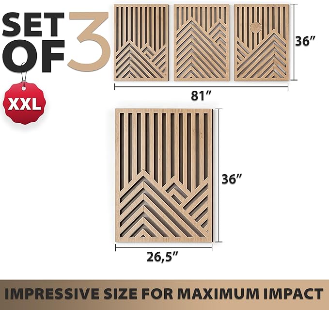 qmmp Modern Wooden Wall Sculptures - Set of 3 - MDF - Oak - Home Decor Accent - Large Wall Art for Living Room, Bedroom, Office - Easy Installation (Oak, XXLarge - Mountain and Sun, Unframed)