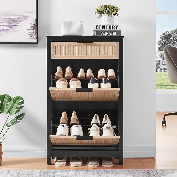 2 Flip Drawers Shoe Cabinet Storage for Entryway, Narrow Shoes Organizer Cabinet for Front Door Entrance, Free Standing Hidden Wooden Hallway Shoe Rack(Oak&Black)