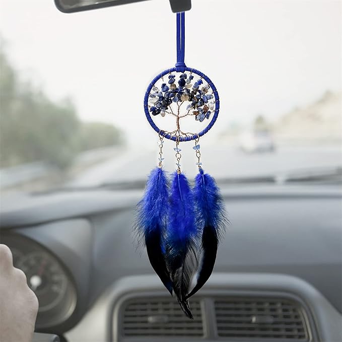 LOMOHOO Dream Catcher Car Rear View Mirror Pendant Car Charm with Crystal Beads Tree of Life Small Dream Catchers for Rearview Mirror Hanging Kids Bedroom Decor 3”Diameter (Blue)