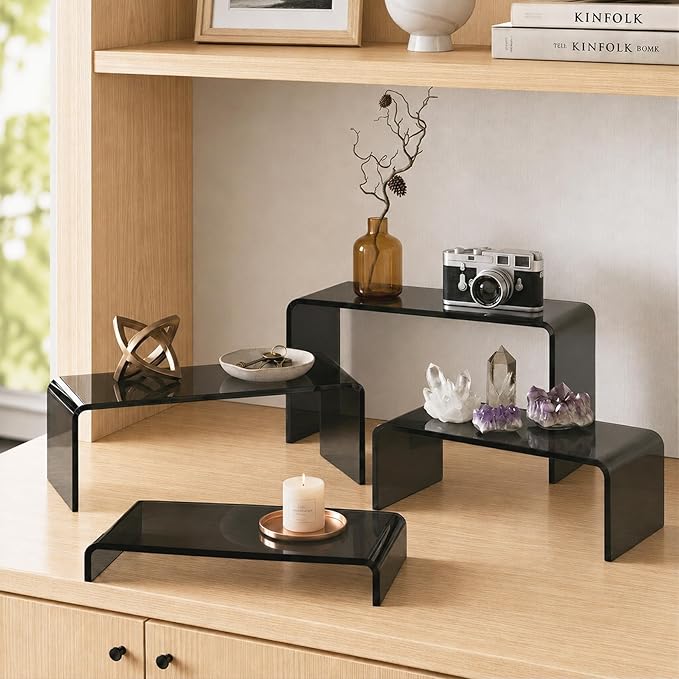 FUNFERY Acrylic Display Risers, 2 Set(7.8" L~8.2" L~8.6" L~9”L) Display Shelf for Figure, Collectibles, Cupcake, Black Acrylic Stands for Dessert, Jewelry, Candy Showcase, 4 Tier Action Figure Stand