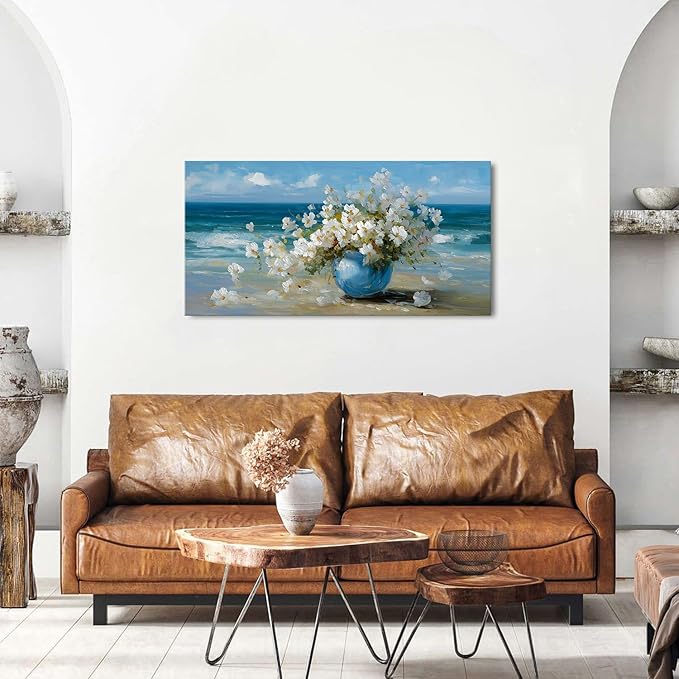 AIYISU Vintage Flowers Canvas Wall Art White Blossom Painting Retro Flowers in Blue Vase Pictures Blue Ocean Coastal Landscape Prints Poster Floral Artwork for Bathroom Bedroom Home Decoration 20x40
