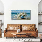AIYISU Vintage Flowers Canvas Wall Art White Blossom Painting Retro Flowers in Blue Vase Pictures Blue Ocean Coastal Landscape Prints Poster Floral Artwork for Bathroom Bedroom Home Decoration 20x40
