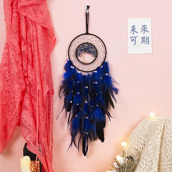 Dream Catcher, Handmade Dreamcatcher with Healing Crystal Stone, Tree of Life Dream Catchers Hanging Ornament for Home Bedroom Birthday Party, Perfect Craft Gift for Kids… (Blue)