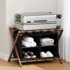 Bamboo Luggage Rack For Guest Room with 4 Storage Compartments, Foldable Suitcase Stand for Guest Room, 150lbs Capacity, Sturdy, Space-Saving and Easy to Assemble Organizer