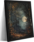 Vintage Framed Wall Art, Forest Gothic Decor, Dark Academia Celestial Moon Canvas Prints, Moody Landscape Painting Wall Decor for Living Room Bedroom – Black Wooden Frame 16x24in