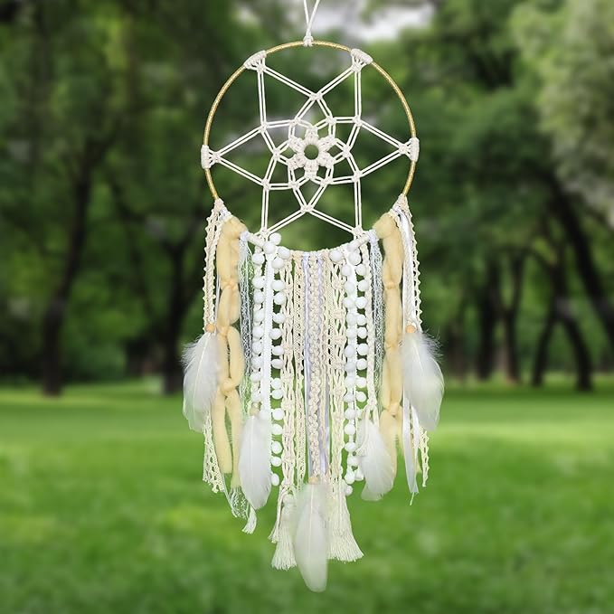 LOMOHOO Large Dream Catcher Handmade Feather Dreamcatcher, Traditional Dream Catchers with Woven Tassels Boho Wall Hanging for Girl Kids Bedroom Baby Room Home Decor Craft Ornament Gift (Champagne)
