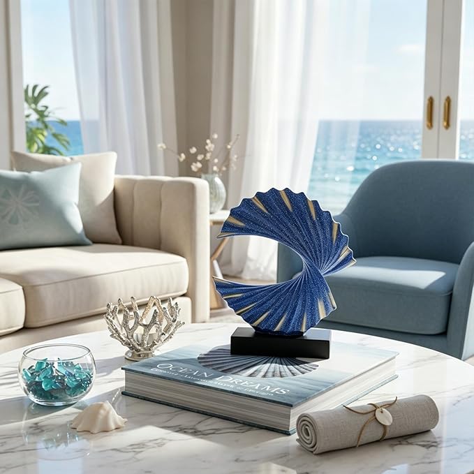 Blue Gold Wave Sculpture, Modern Ocean Wave Home Accents, Resin Art Statue for Shelf, Coffee Table, TV Stand Adornos Modernos