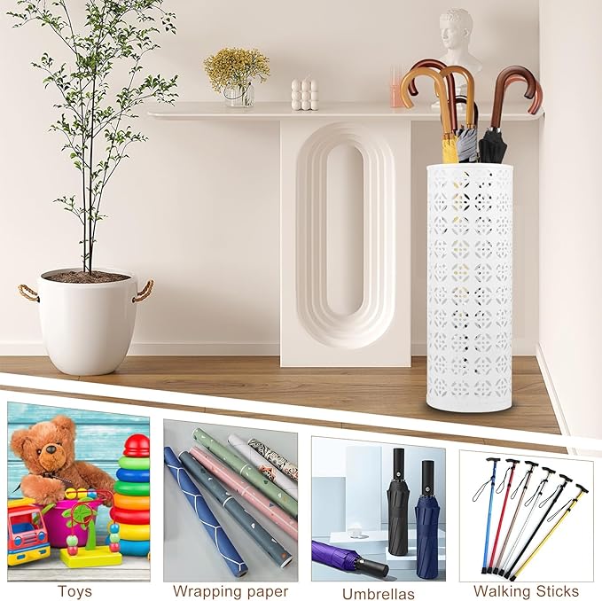 Umbrella Stand for Entryway, Metal Umbrella Holder, Freestanding Umbrella Stand Round Umbrella Holder Bin Waterproof Umbrella Storage Rack Indoor Walking Stick Holder for Home Entryway(15*42cm,White)