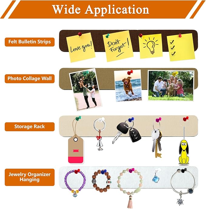 8Pcs Rectangle Felt Cork Board Bar Strips with 35 Pushpins, Self-Adhesive Bulletin Board Strips for Office School Home Wall Decor Stickers Memos Schedules Photos Display -Gradual Brown