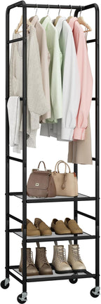 Narrow Clothes Rack with 3 Shelves, Heavy-duty Garment Rack with Wheels, Display Clothing Racks for Hanging Clothes for Small Space, Entryway, Hallway, Bedroom, Office, Living Room, Black