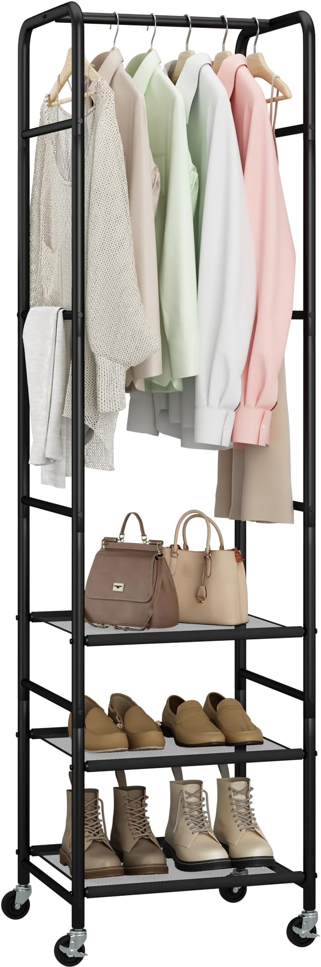 Narrow Clothes Rack with 3 Shelves, Heavy-duty Garment Rack with Wheels, Display Clothing Racks for Hanging Clothes for Small Space, Entryway, Hallway, Bedroom, Office, Living Room, Black