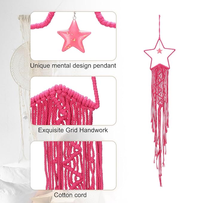 MECCANIXITY Macrame Dream Catchers, Rose Red Handmade Star Design Woven Cotton Dream Catcher Wall Hanging for Home Bedroom Decoration Ornament Craft Gift