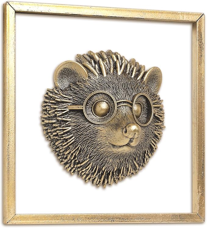 JJALIGHTS Exquisite Resin Animal Head Wall Sculpture (Gift Metal Frame) - Hedgie Imitation Copper Vintage Decor for Living Room, Bedroom & Office | Decorative Wall Hanging Art (Hedgehog)