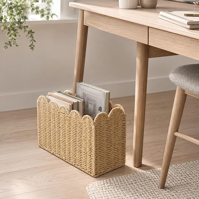 Paper Rope Magazine Holder for Floor with Scalloped Edge, Tall Narrow Wicker Magazine Basket – Book Basket, File Holder & Mail Basket for Living Room, Office & Bedroom