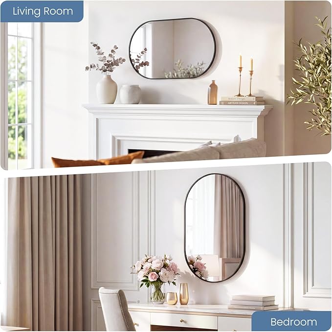 Sweetcrispy 20" x 30" Black Bathroom Mirror for Wall, Oval Wall Mirrors with Metal Frame, Tempered Glass, Modern Vanity Mirror for Over Sink, Living Room, Bedroom, Entryway, Horizontal or Vertical