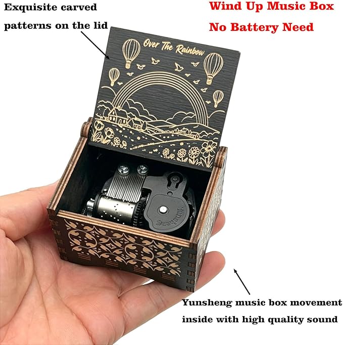 Pursuestar Somewhere Over The Rainbow Wind Up Music Box, Vintage Engraved Wood Mechanism Musical Gifts for Mother's Day Valentine's Day Christmas Thanksgiving