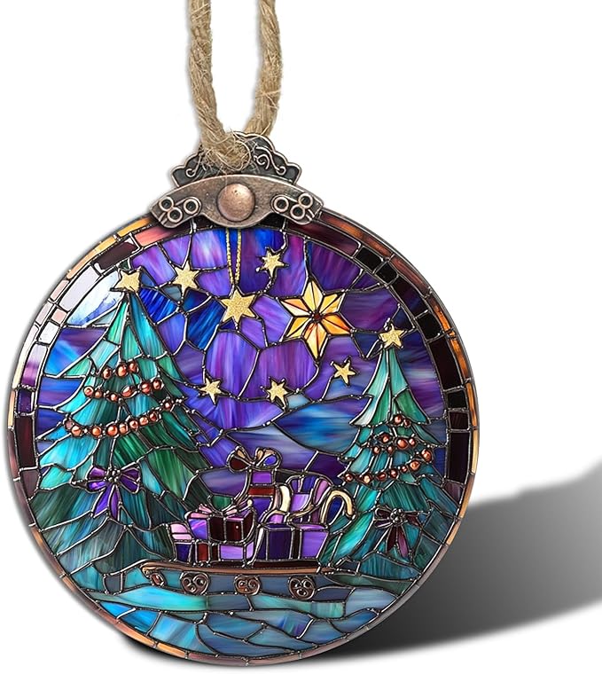 DASTOLL Stained Glass Christmas Decorations, Gold Star Purple Bow Suncatcher for Window Christmas Tree Hanging Ornaments Green Sun Catcher Xmas Decor Gifts for Women Men Mom Nana Friend