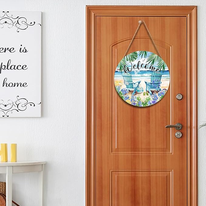 Welcome Summer Sea Chair Front Door SignFlower Wall Hanging Round Door Hanger Farmhouse Coastal Beach Wooden Wreath for Front Door Hello Summer Outdoor Outside Porch Decor 12"X12"