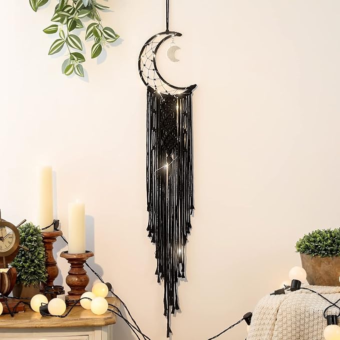 ANROYE Boho Macrame Woven Wall Hanging, Crochet Crescent Moon Star Dream Catcher with Long Tassel- Black Cotton Handmade Bohemian Home Decor Nursery Decoration Art for Kids Bedroom Dorm Room
