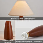 Bedside Table Lamp for Bedroom, Mid-Century Modern Plug in Fabric Shade & Solid Wood Base Desk Lamp, Plug & Play Red Wood Nightstand Lamp for Living Room 【Bulb Included】