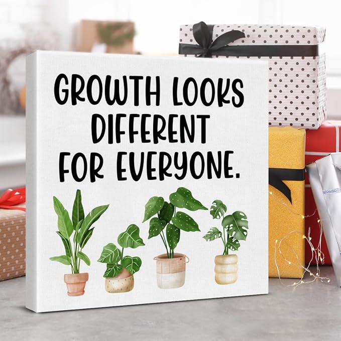 Motivational Wall Art Classroom Decor, Inspirational Mental Health Posters for Therapy Counseling Office, Growth Looks Different for Everyone Canvas Painting Artwork (8 X 8 Inches, Framed)