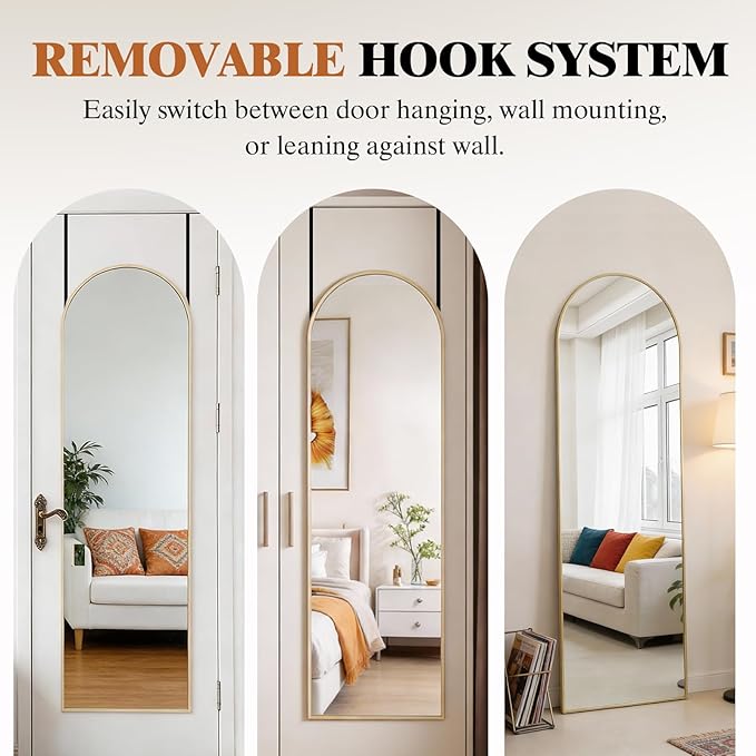 DUMOS 47x14 Inch Arched Full Length Mirror Over the Door, Wall Mounted Full Body Mirror, Door Hanging Metal Aluminum Alloy Frame Dressing Mirrors for Bedroom, Living Room, Entryway, Gold