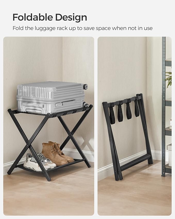 SONGMICS Luggage Racks for Guest Room, Set of 2, Suitcase Stand with Storage Shelf, Steel Frame, Foldable for Easy Storage, Hotel, Bedroom, Black URLR003B02