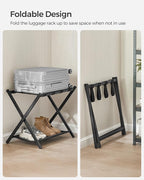 SONGMICS Luggage Racks for Guest Room, Set of 2, Suitcase Stand with Storage Shelf, Steel Frame, Foldable for Easy Storage, Hotel, Bedroom, Black URLR003B02
