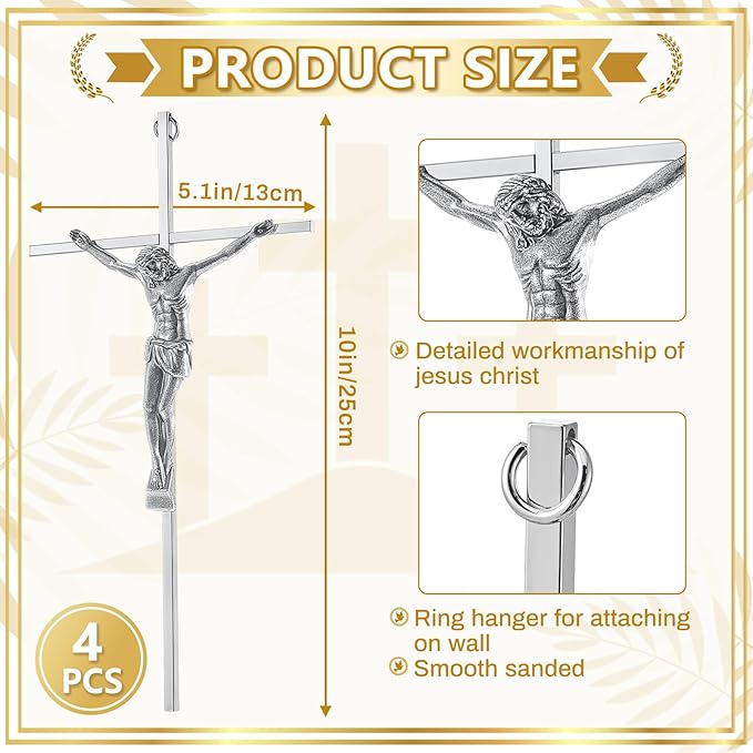 Leinuosen 4 Pieces Crucifix Wall Cross Catholic Slender Metal Crosses Wall Decor for Home Decor Hanging Jesus, 10 x 5 x 1 Inches(Silver)