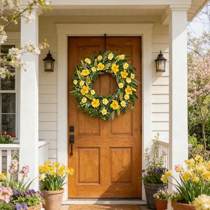 22 Inch Spring Summer Wreaths for Front Door, Artificial Flowers Wreath with Yellow Floral Green Leaves Berries and Grain Spikes, Farmhouse Wreath for Front Porch Wall Indoor Outdoor Home Decor