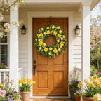 22 Inch Spring Summer Wreaths for Front Door, Artificial Flowers Wreath with Yellow Floral Green Leaves Berries and Grain Spikes, Farmhouse Wreath for Front Porch Wall Indoor Outdoor Home Decor
