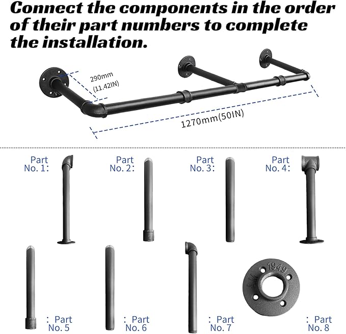 50 INCH Clothes Rack Wall Mounted, Industrial Pipe Garment Rack, Multi-Purpose Clothing Rod for Closet, Laundry Room, Retail Display, Black