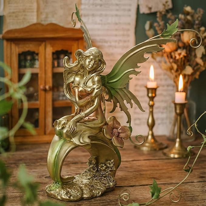 Resin Fairy Statue Elegant Fantasy Decor, Hand-Painted Angel Figurine Graceful Fairy Sculpture for Bookshelf, Mantel, Bedroom Decor, Thoughtful Gift for Women, Girls (Elegant Kneeling)
