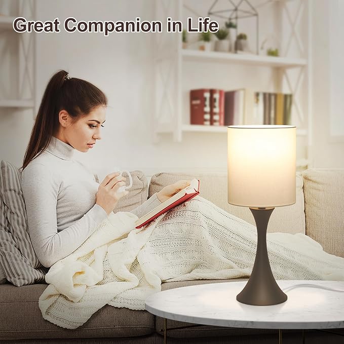 3 Way Touch Control Table Lamp, Modern Bedside Lamp Dimmable Nightstand Lamp with Beige Shade and Dark Brown Base, Small Desk Lamp for Living Room, Dorm, Home Office, 9W LED Bulb Included