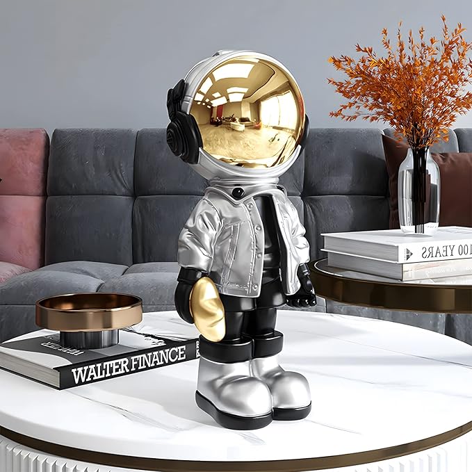 Dosker Astronaut Statues Spaceman Sculpture Polyresin Arts Gifts Silver Figurine Ornament Room Decor for Men,Home and Crafts Desktop Accessories Tabletop Decoration, Living Room, Office, Bookshelf
