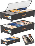 Under Bed Storage with Wheels, 2-Pack 58L Under the Bed Storage Containers with Lids, 1-Pack 15L Box, Organizer Bins Rolling Underbed Storage for Clothes, Underwear, Socks, Shoes - Delicate Style