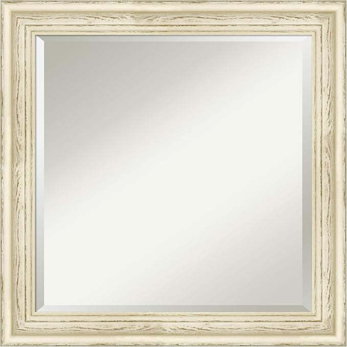 Amanti Art White Wall Mirror 24x24 Country White Wash Square Bathroom Mirror for Wall Decor Living Room, Medium Country Rustic Wood Frame, Hangs Horizonally and Vertically, Bathroom Decor, Beveled