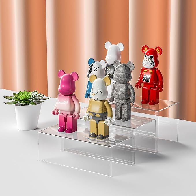 Sezanrpt Clear Display Risers Shelf 3pcs, Countertop Rectangular Acrylic Display Storage Organizer, Acrylic Stands for Funko Pop Figure, Cosmetics, Bags, Shoes, Toys, Collectibles - 12- 4'', 5'', 6''
