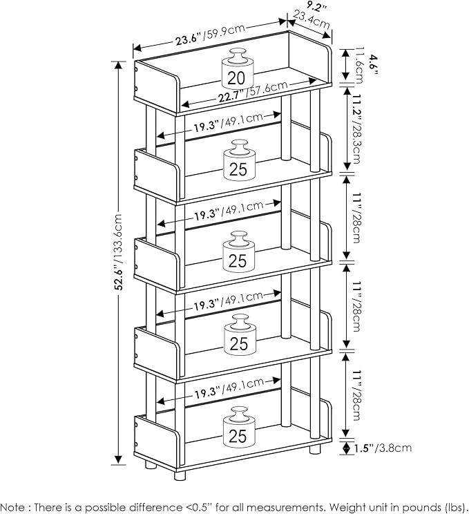 Furinno TURN-N-TUBE 5-Tier Display Shelf, Storage Shelves, Book Shelf, Open Shelves with Rounded Corner Top Edges, for Organization and Storage, Living Room, Home Office, Flagstaff Oak