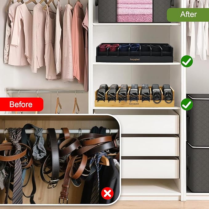Belt Organizer, 7 Compartments Belt Organizer for Closet and Drawer, Belt Holder Case for Tie and Belt, Bamboo Storage Box for Men and Women (Wooden, 7)
