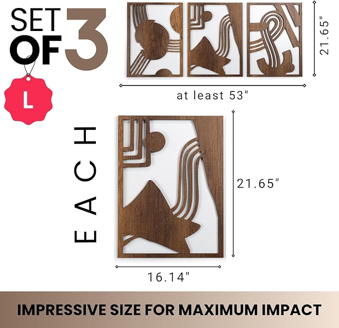 qmmp Modern Wooden Wall Sculptures - Set of 3 - Home Decor Accent - Large Wall Art for Living Room, Bedroom, Office - Easy Installation (Walnut, Large - Abstract Shapes)