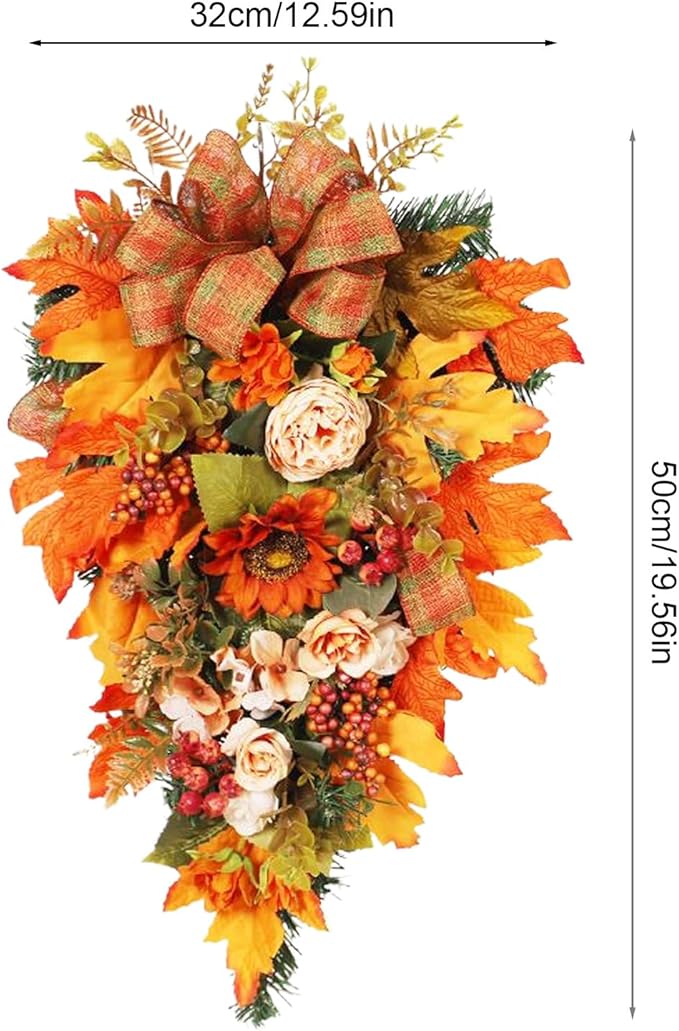 Fall Teardrop Swag - 19.69x12.6 Inches Handmade Flower Maple Berry Wreath for Harvest Festival, Holiday Decorators with Autumn Colors, Artificial Wreath for Apartment, Coffee Shop, Ready to