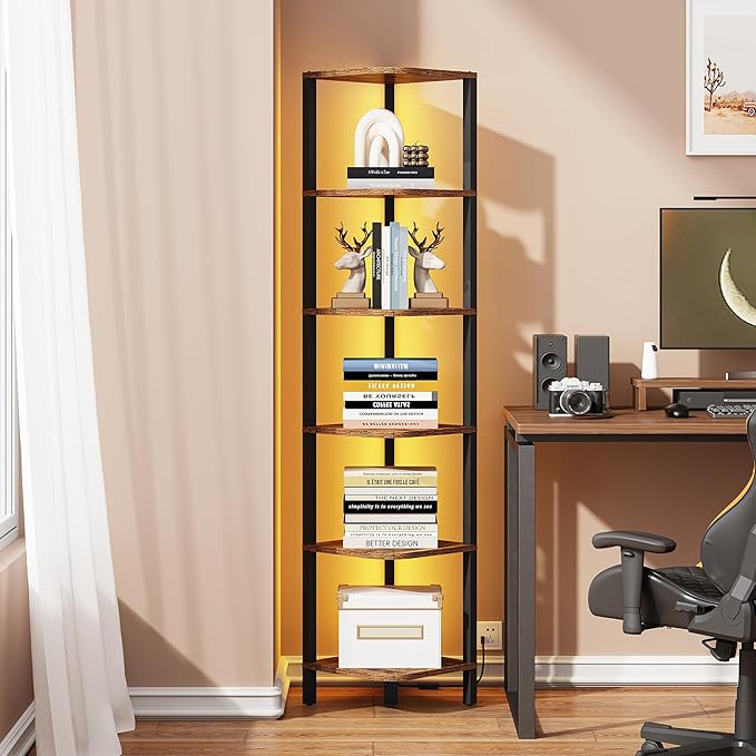 TUTOTAK Corner Shelf with LED Light, 6-Tier Corner Bookshelf for Small Space, Narrow Display Corner Shelf Stand with Storage Rack, for Living Room, Bedroom, Rustic Brown BS08BB006L
