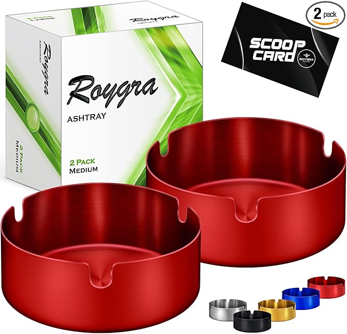 roygra Ash Tray (2 Pack), Outdoor Ashtray for Outside Patio, Stainless Steel Ashtrays for Cigarettes with 3 Holder, Smoking Accessories, Home Décor, Ashtrays for Smokers Indoor - Red, Medium