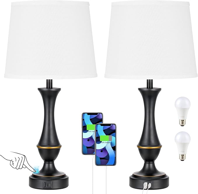 Seealle Upgraded Touch Lamps for Bedrooms Set of 2 - Nightstand Table Lamp with USB C+A, 3 Way Dimmable Lamps for Living Room, Office(White)