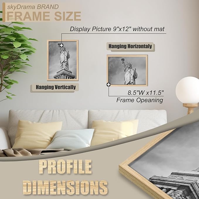 Natural Solid Wood 9x12 Picture Frame, Display 9 x 12 Inch Picture Poster Photo, Vertical & Horizontal Wall Hanging - 2 Pack/Natural/9"x12"