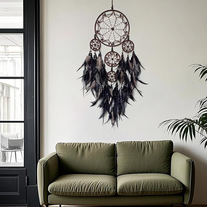 Large Dream Catcher Wall Decor Black Dream Catchers with Wooden Bead Handmade Feather Dreamcatcher Wall Hanging Ornament for Bedroom Living Room Home Decor